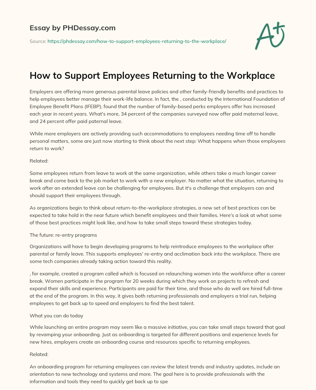 How to Support Employees Returning to the Workplace essay