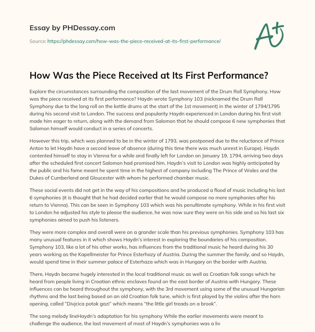 How Was the Piece Received at Its First Performance? essay