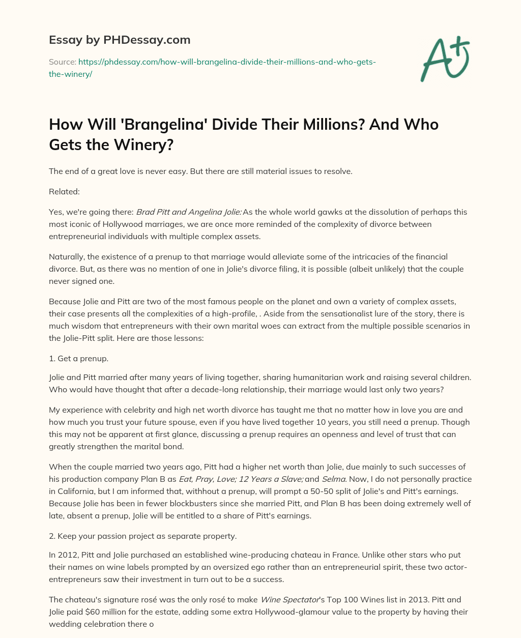 How Will ‘Brangelina’ Divide Their Millions? And Who Gets the Winery? essay