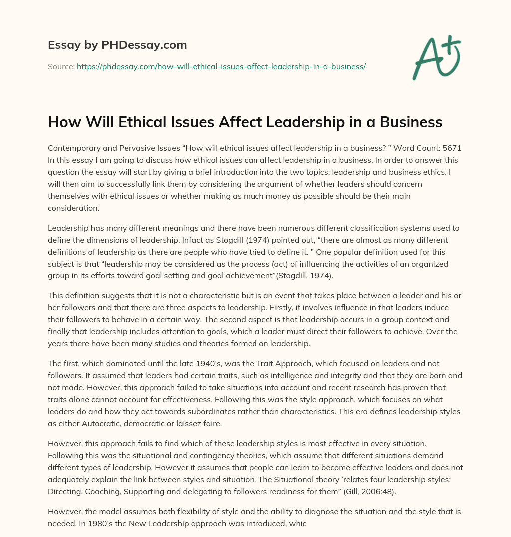 How Will Ethical Issues Affect Leadership in a Business essay