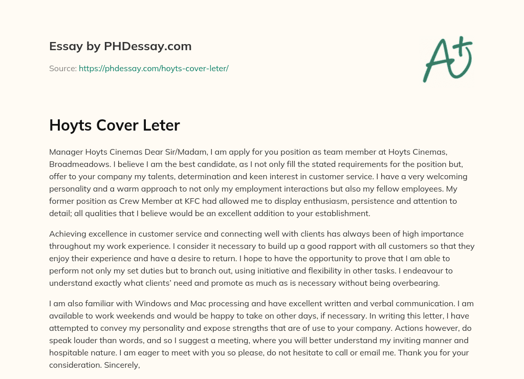 Hoyts Cover Leter essay