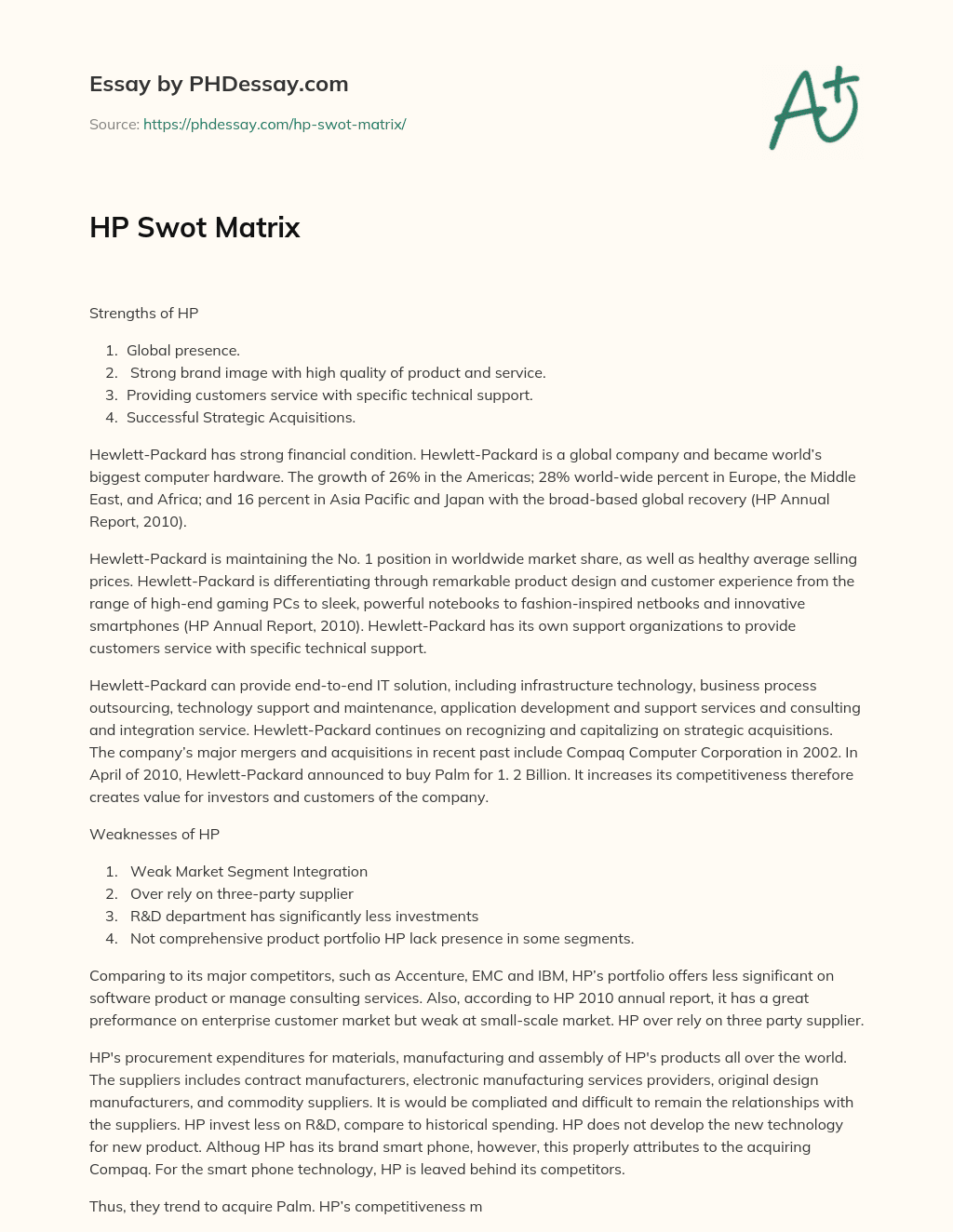 HP Swot Matrix essay