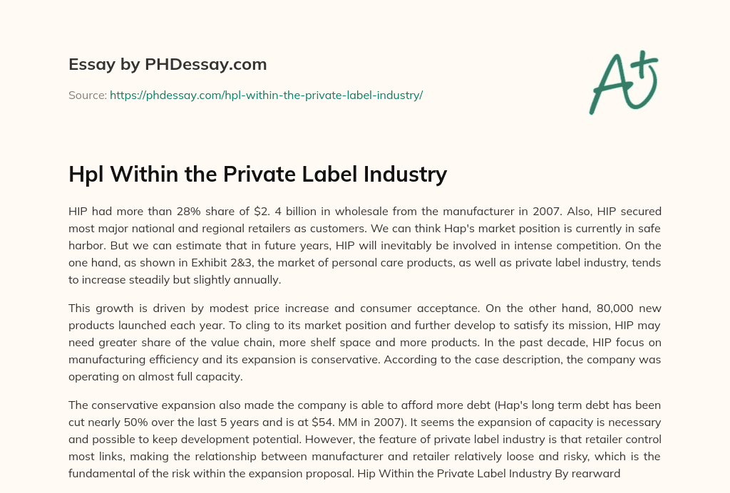 Hpl Within the Private Label Industry essay