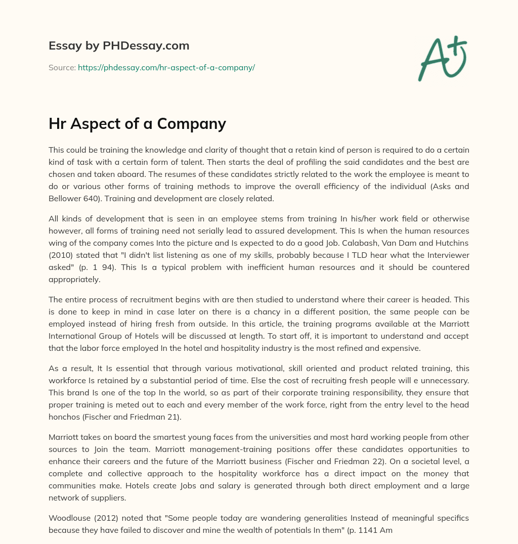 Hr Aspect of a Company essay