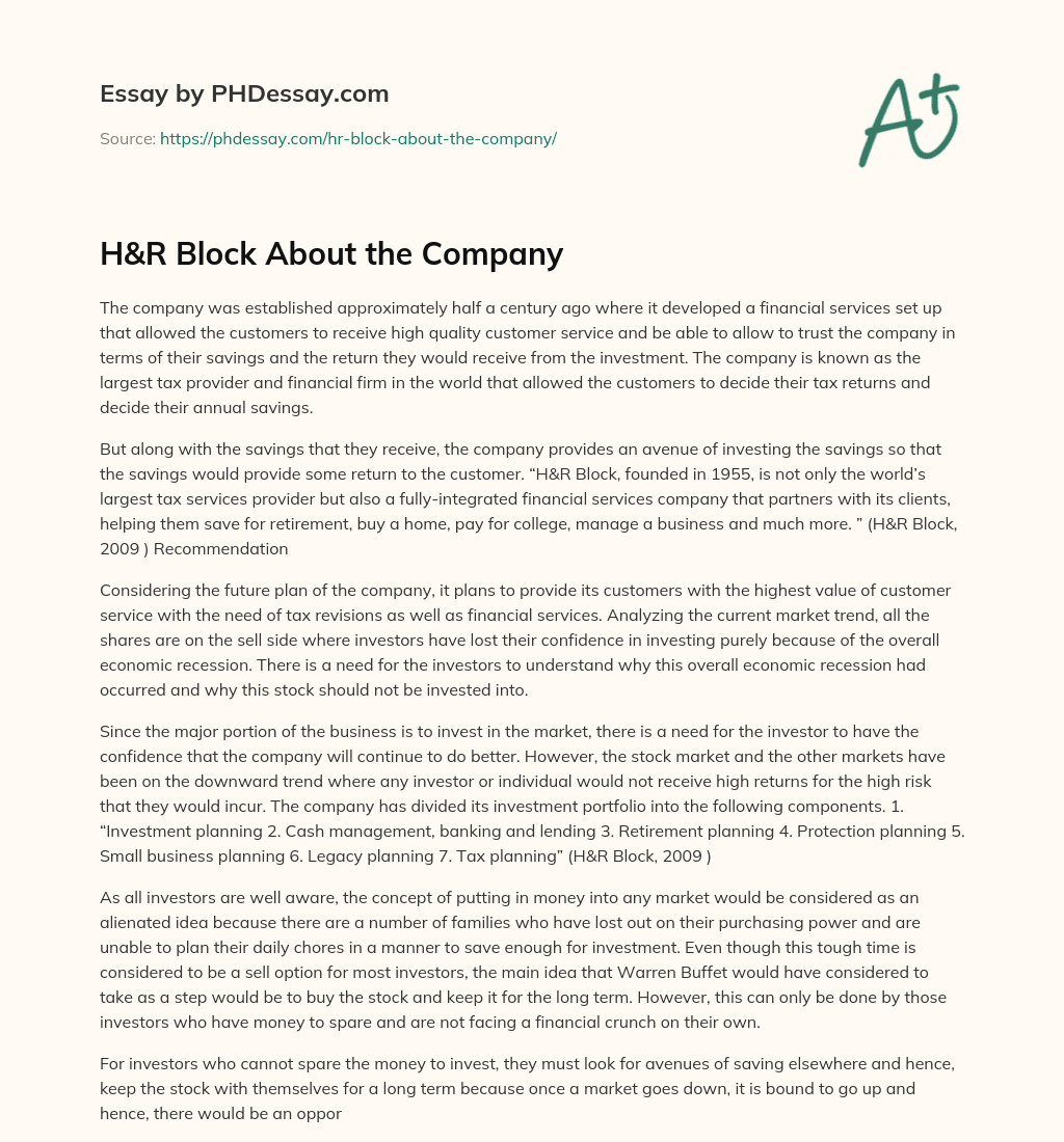 H&R Block About the Company essay