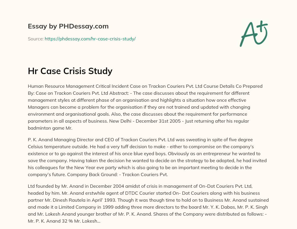 Hr Case Crisis Study essay