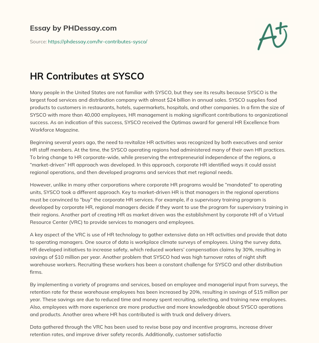 HR Contributes at SYSCO essay