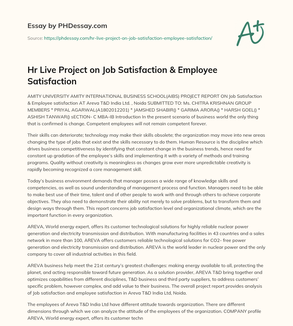Hr Live Project on Job Satisfaction & Employee Satisfaction essay
