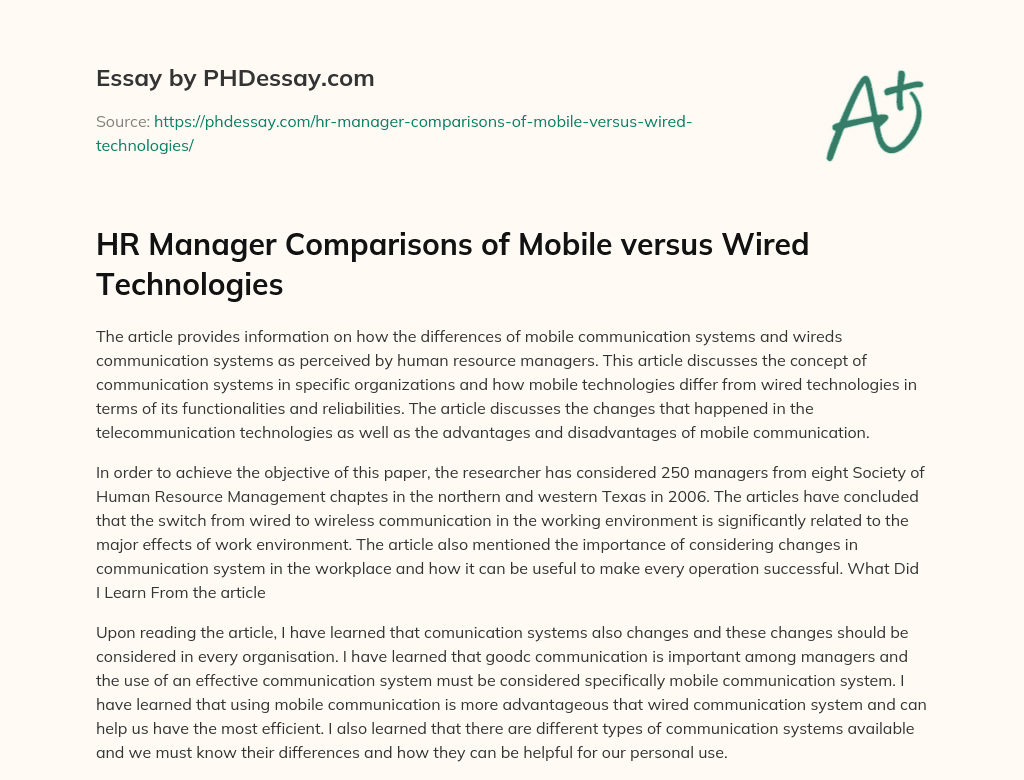 HR Manager Comparisons of Mobile versus Wired Technologies essay