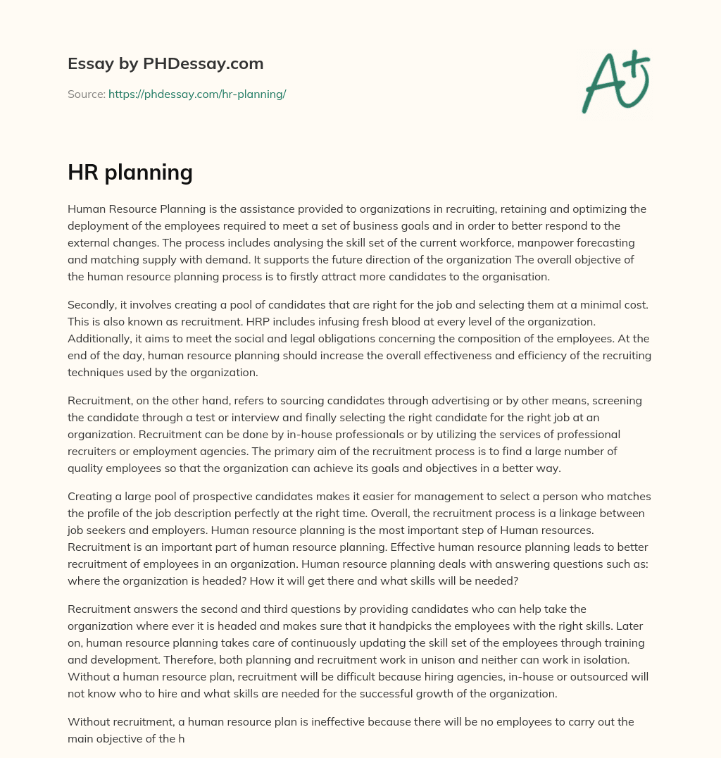 Human Resource Planning: Recruiting, Retaining and Optimizing Employees for Business Goals essay