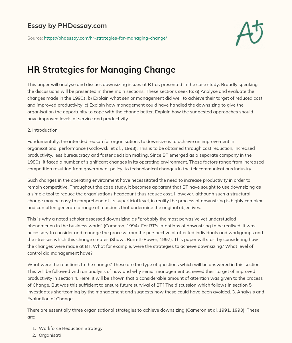 HR Strategies for Managing Change essay