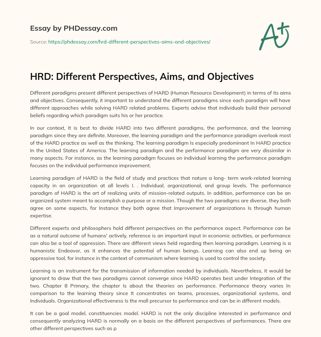 HRD: Different Perspectives, Aims, and Objectives essay