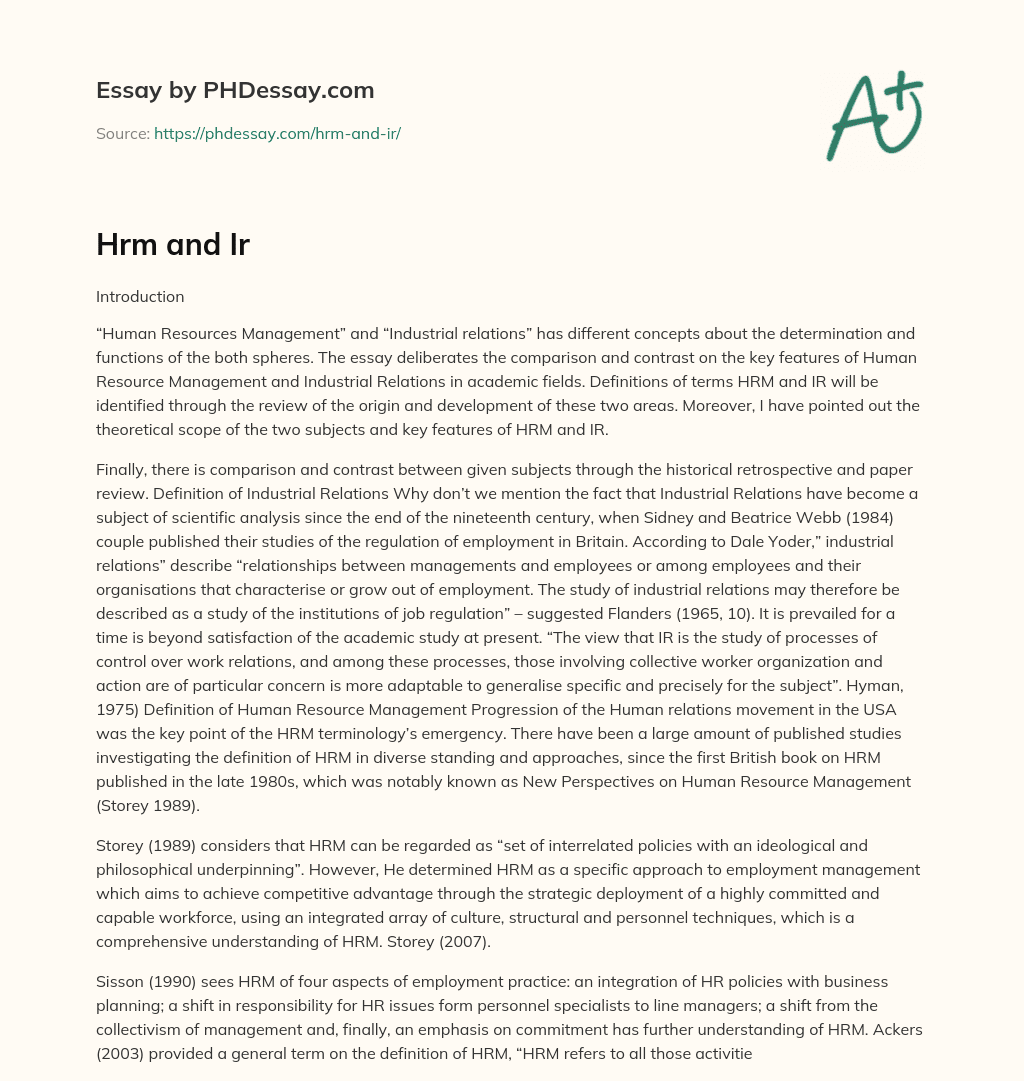 Comparison and Contrast of HRM and Industrial Relations: Definitions and Key Features essay