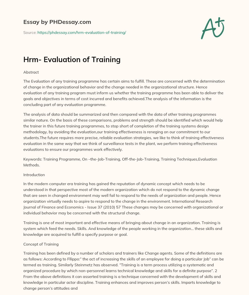 Hrm- Evaluation of Training essay