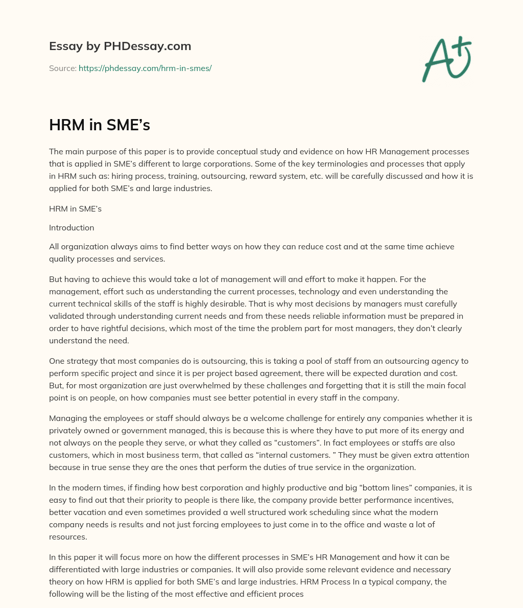 HRM in SME’s essay