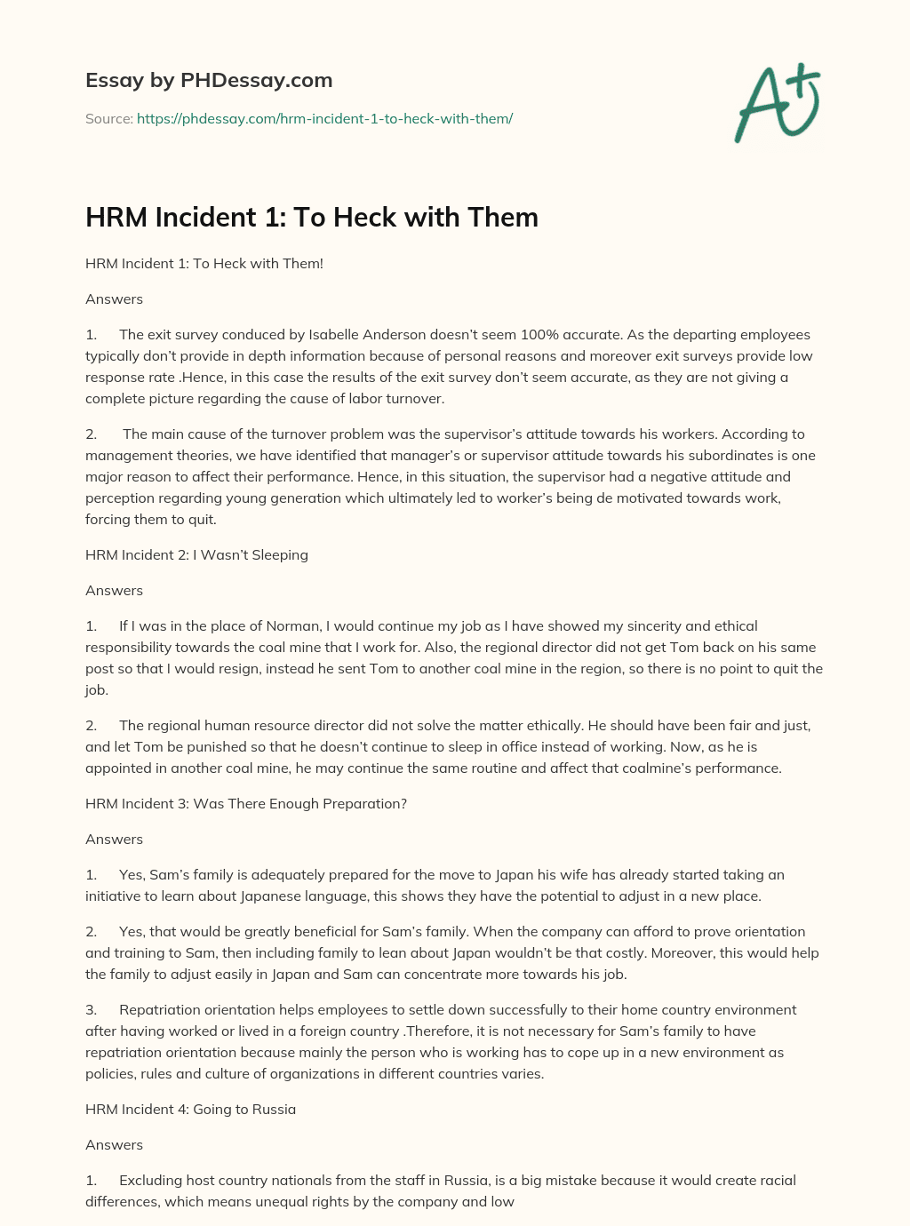 HRM Incident 1: To Heck with Them essay