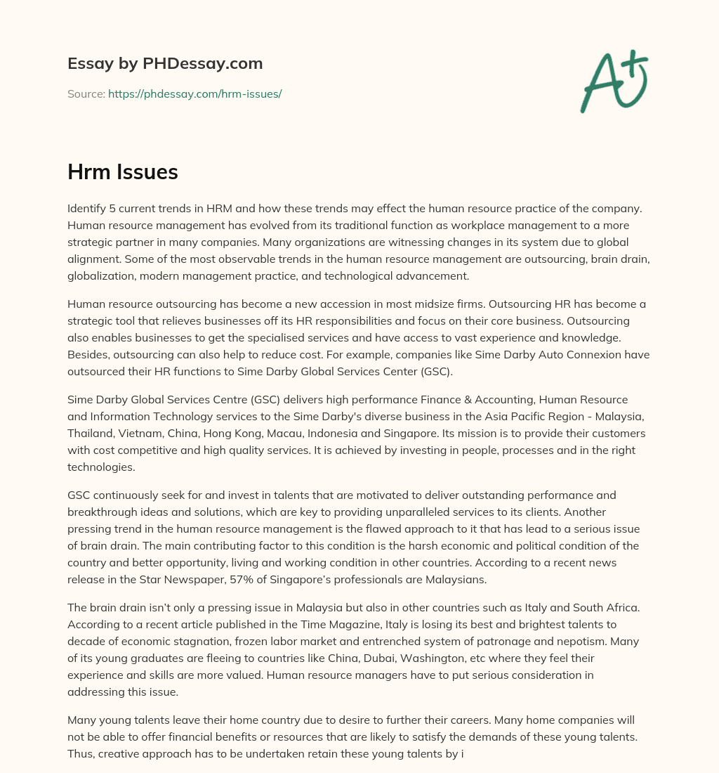 5 HR Trends Impacting Companies: Outsourcing, Brain Drain, Globalization, Modern Management, and Technology essay