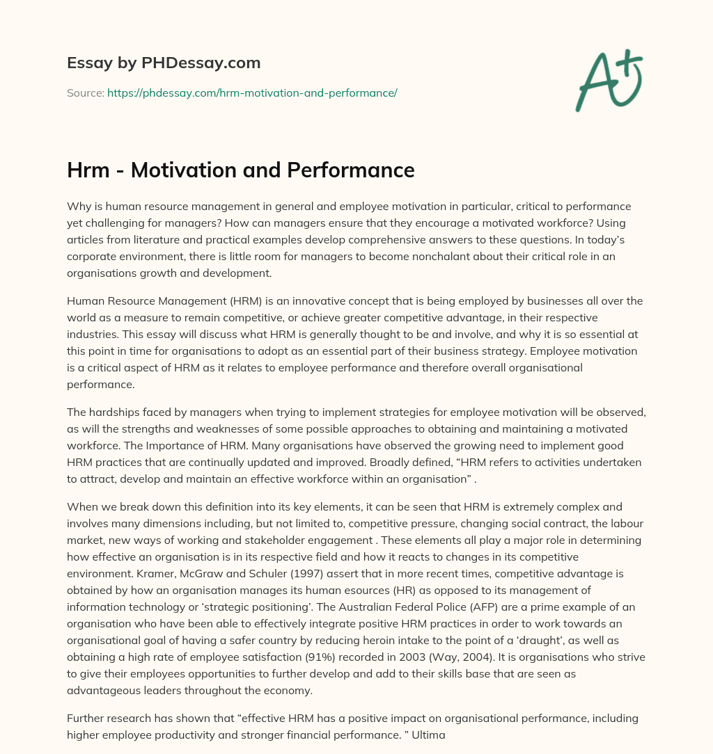 Hrm – Motivation and Performance essay