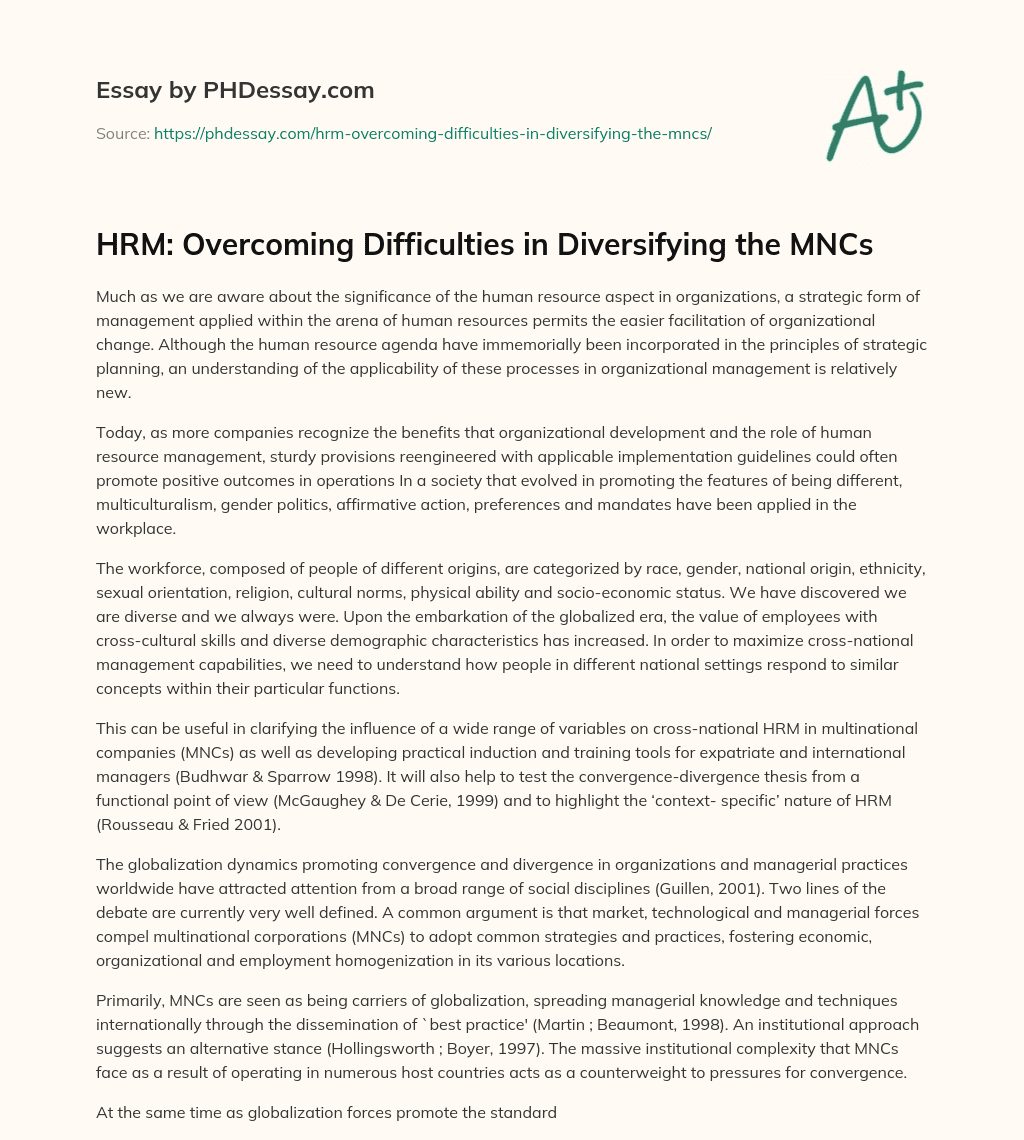 HRM: Overcoming Difficulties in Diversifying the MNCs essay