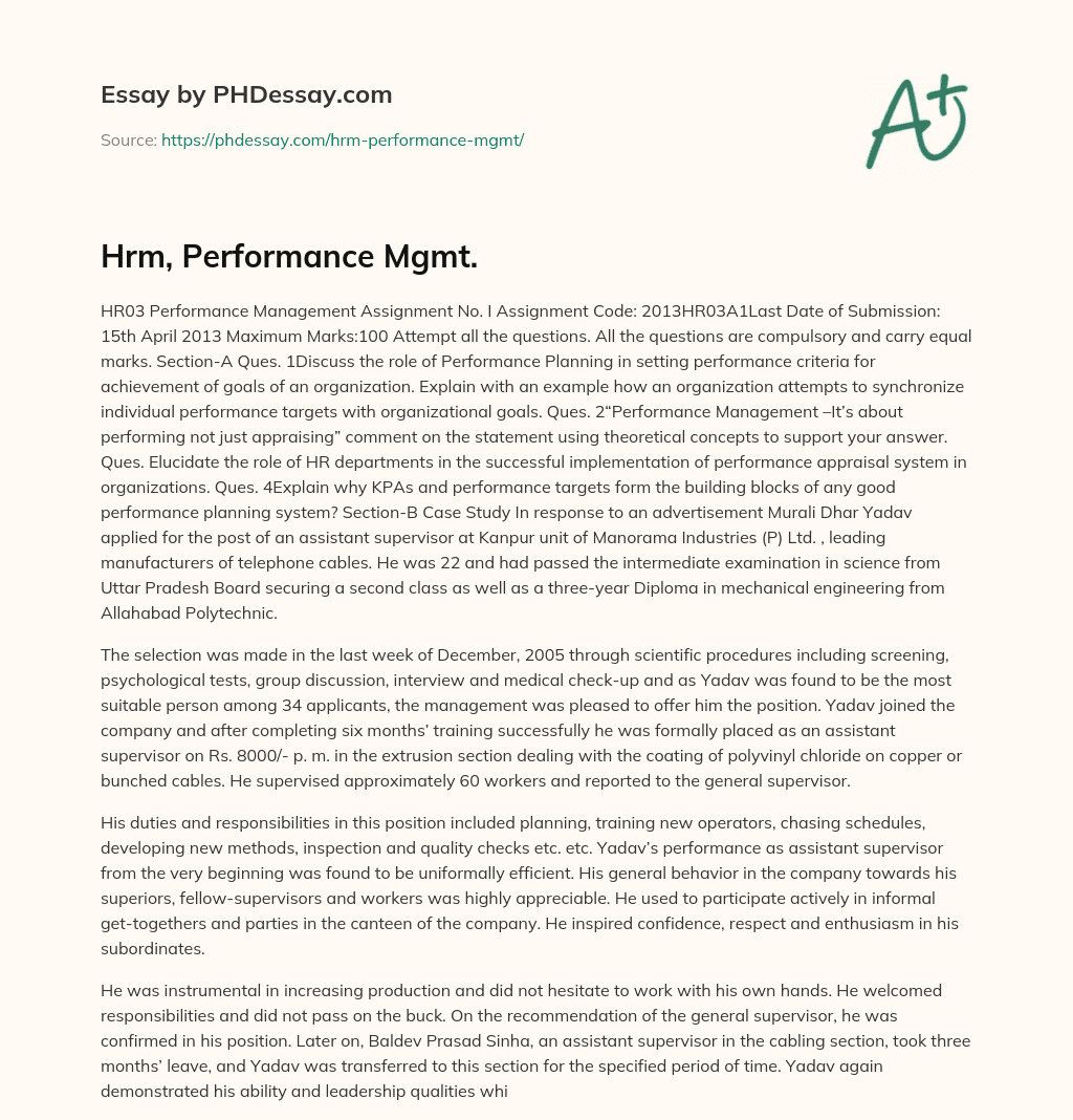 Hrm, Performance Mgmt. essay