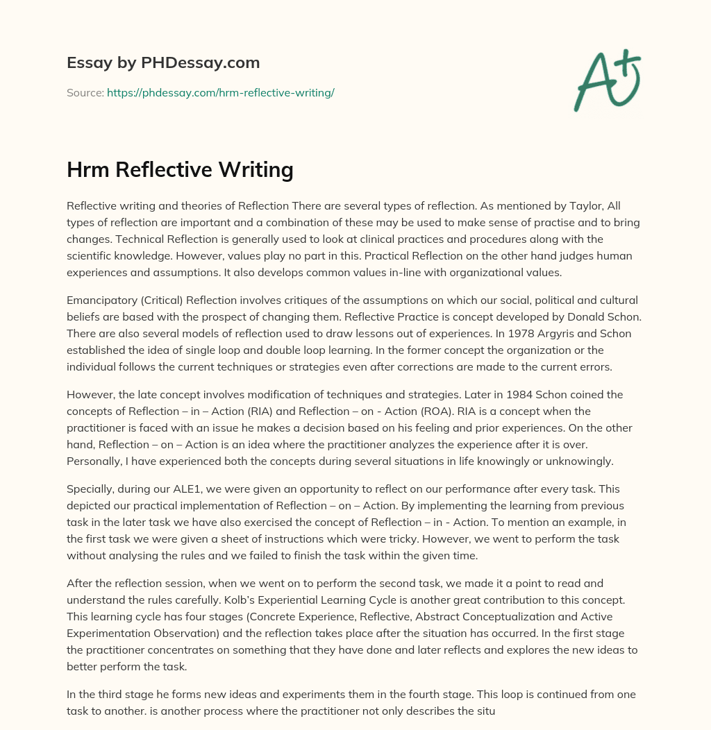 Hrm Reflective Writing essay