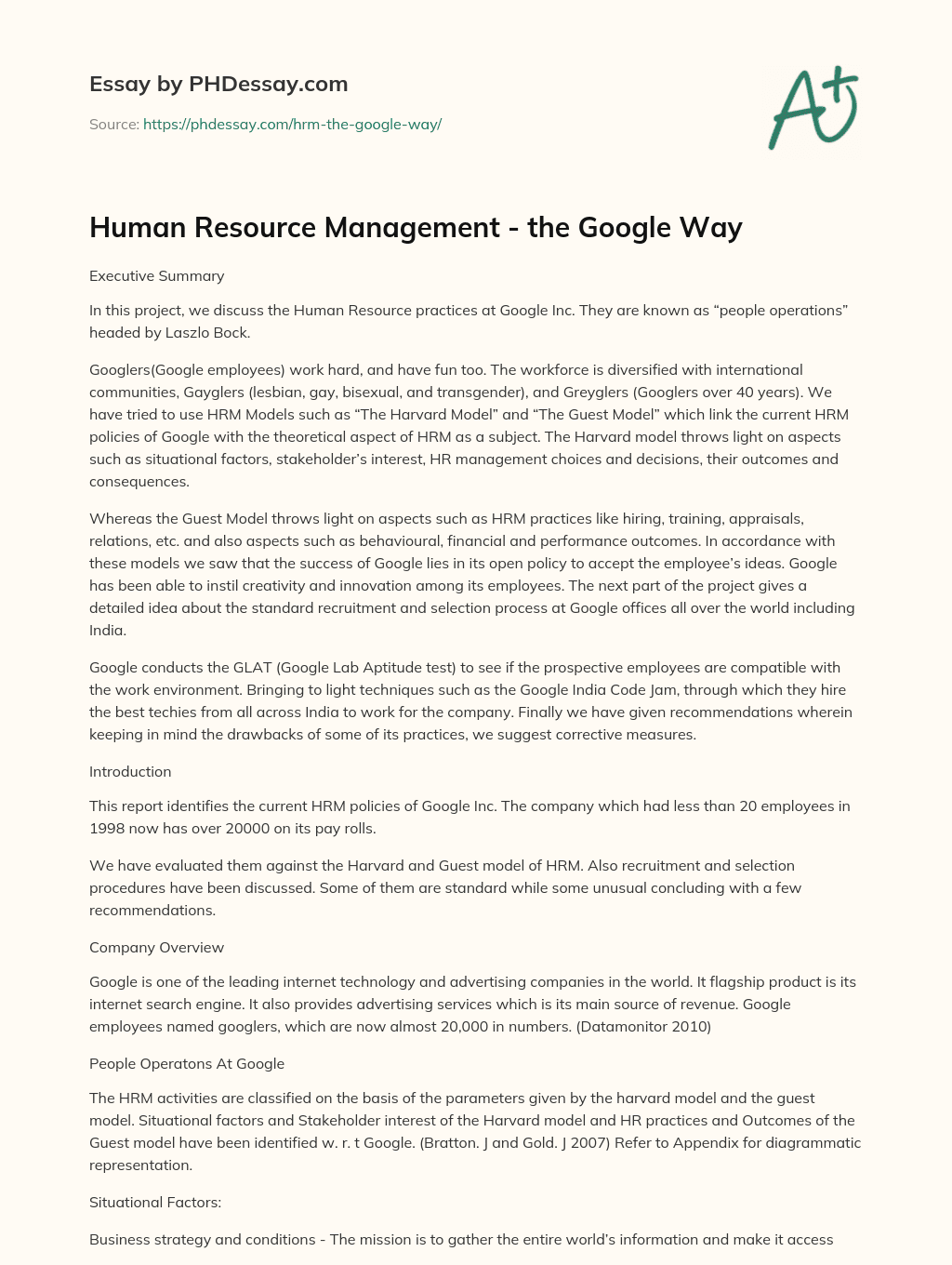 Human Resource Management – the Google Way essay