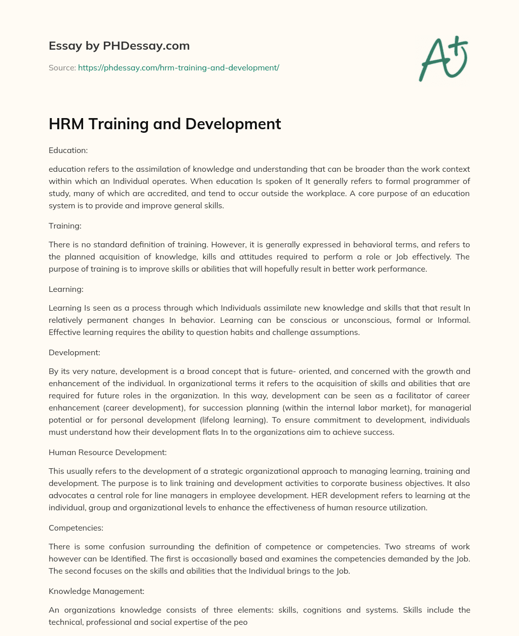 HRM Training and Development essay