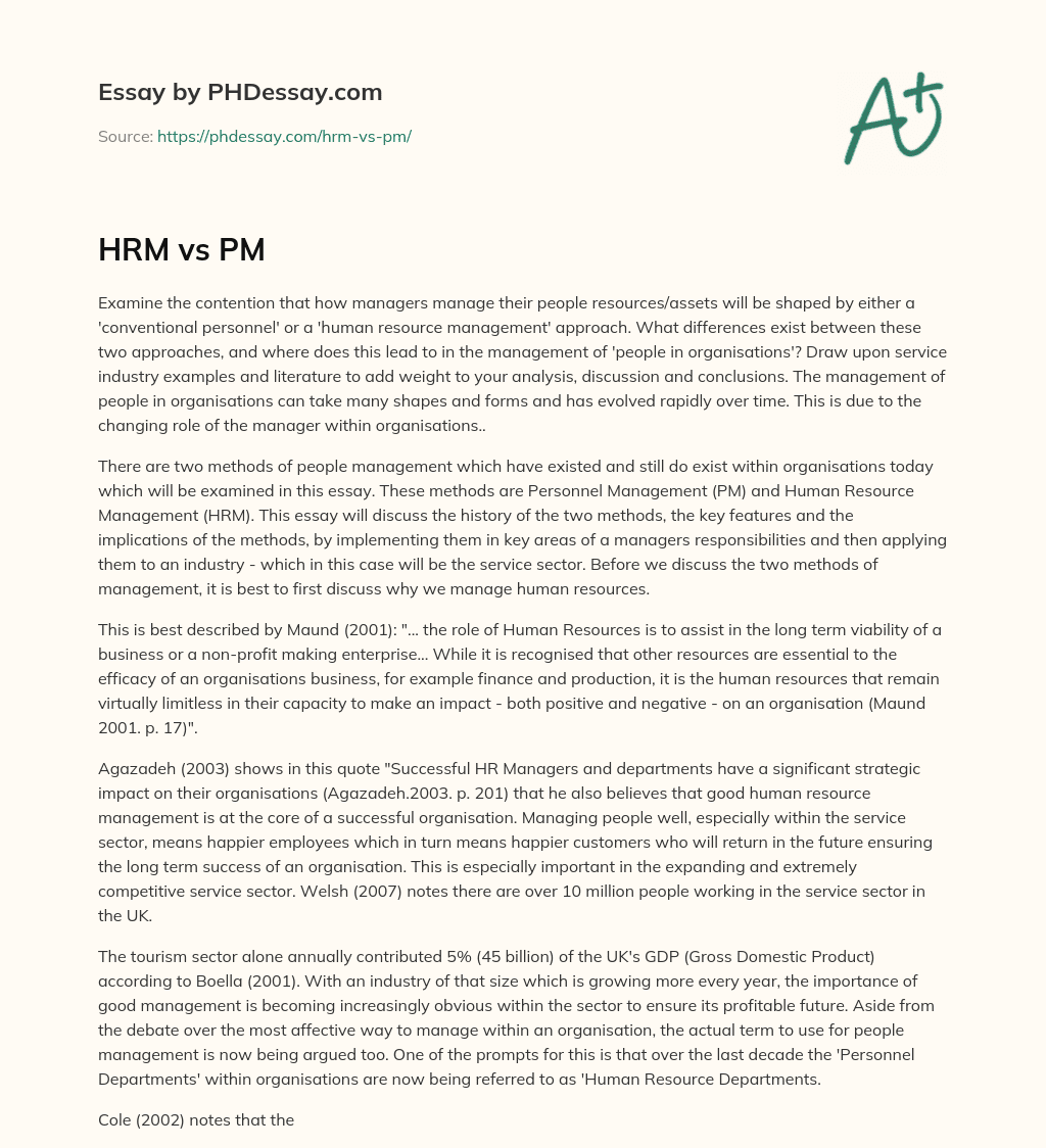 The Differences between Personnel Management and Human Resource Management in People Management: A Service Industry Perspective essay
