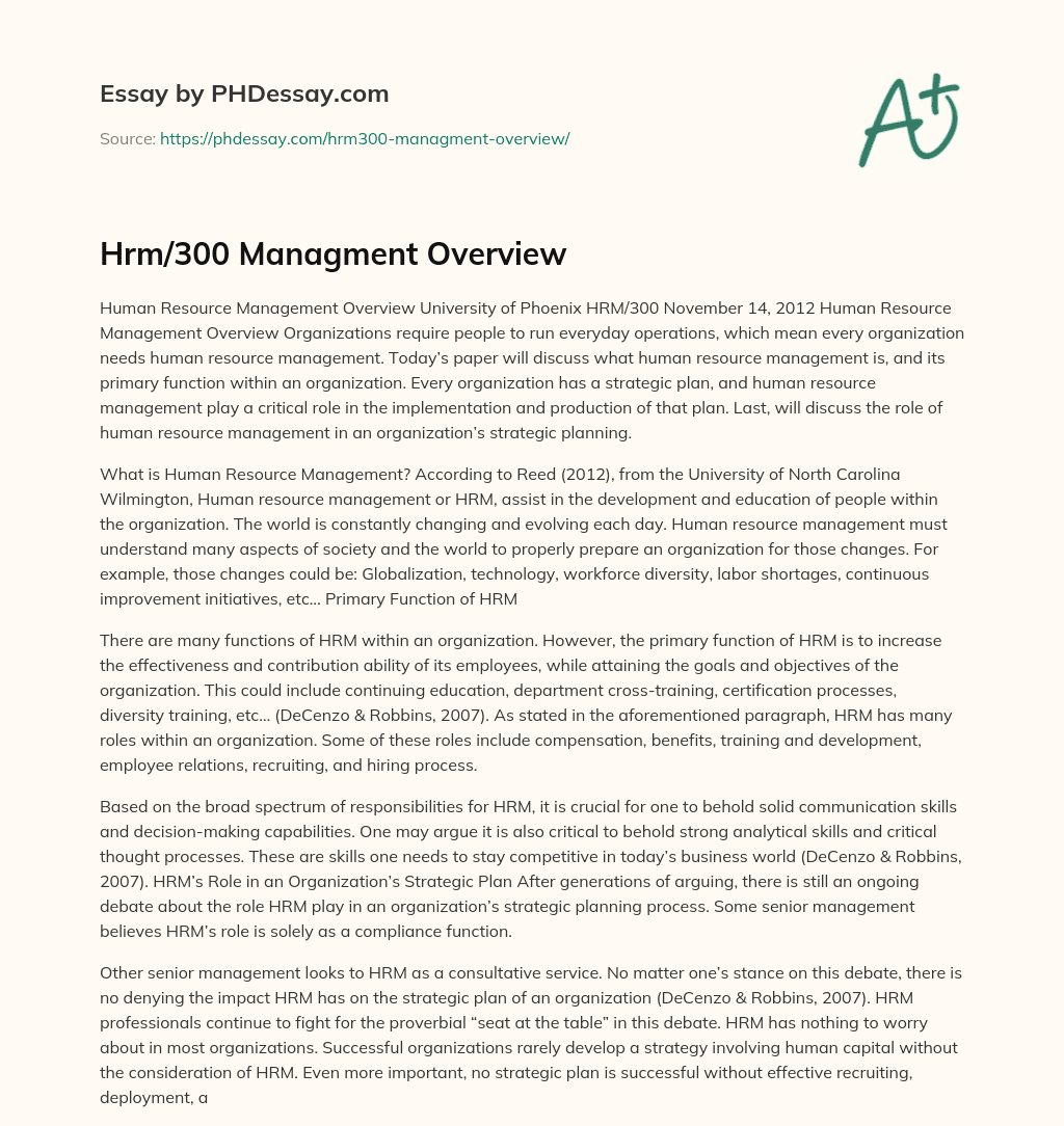 Hrm/300 Managment Overview essay