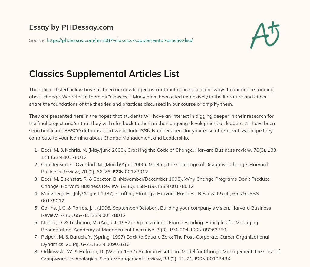 Classics Supplemental Articles List essay