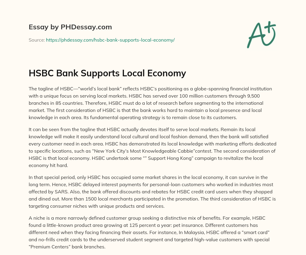 HSBC Bank Supports Local Economy essay