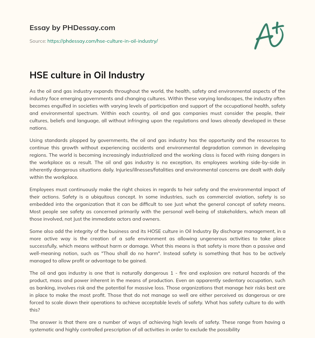 HSE culture in Oil Industry essay