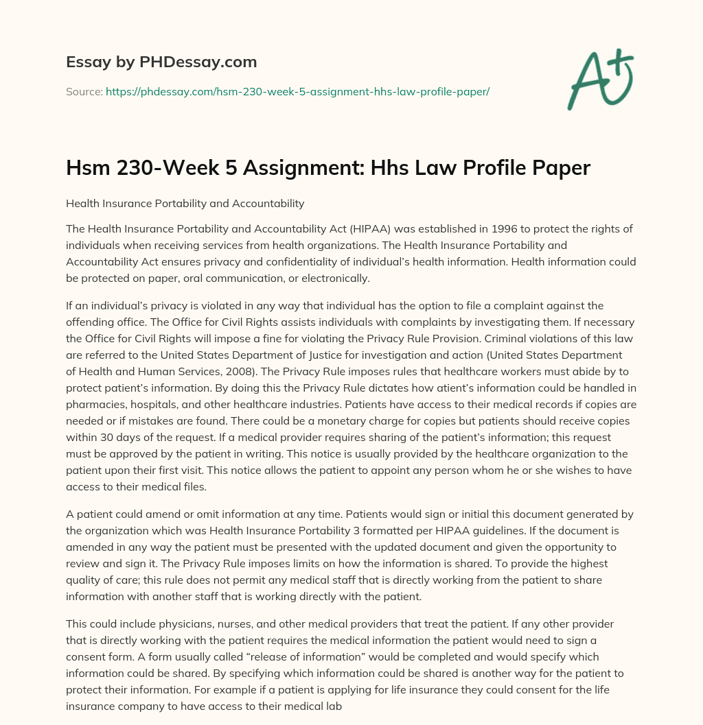 Hsm 230-Week 5 Assignment: Hhs Law Profile Paper essay