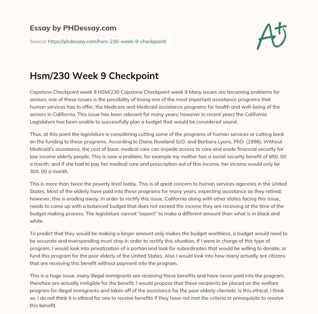Hsm/230 Week 9 Checkpoint essay