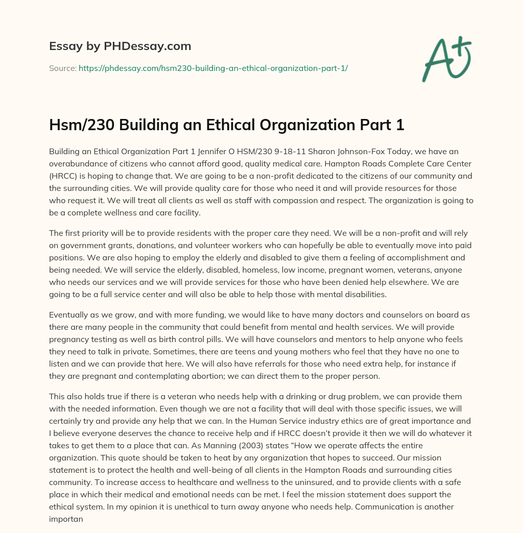 Hsm/230 Building an Ethical Organization Part 1 essay