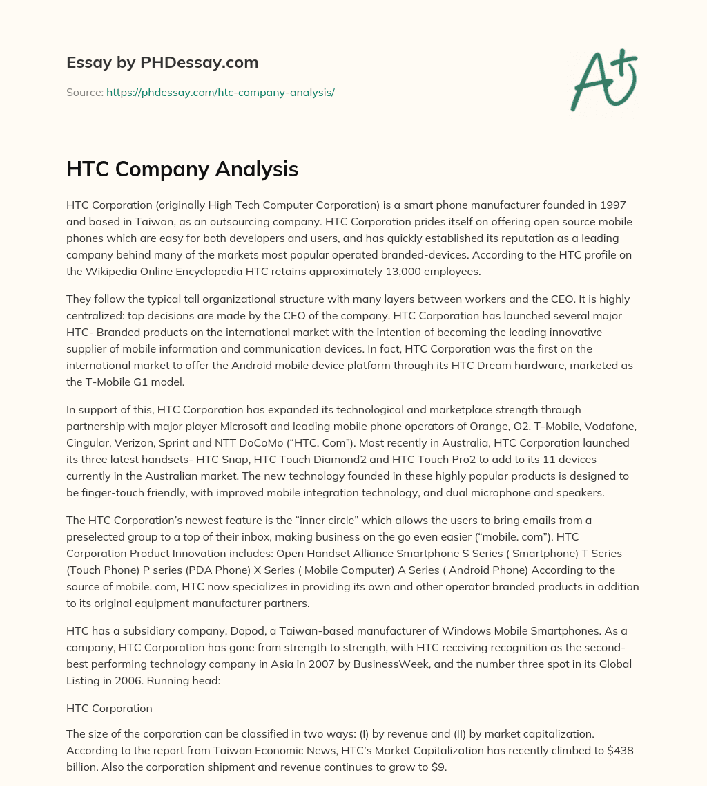 HTC Company Analysis essay