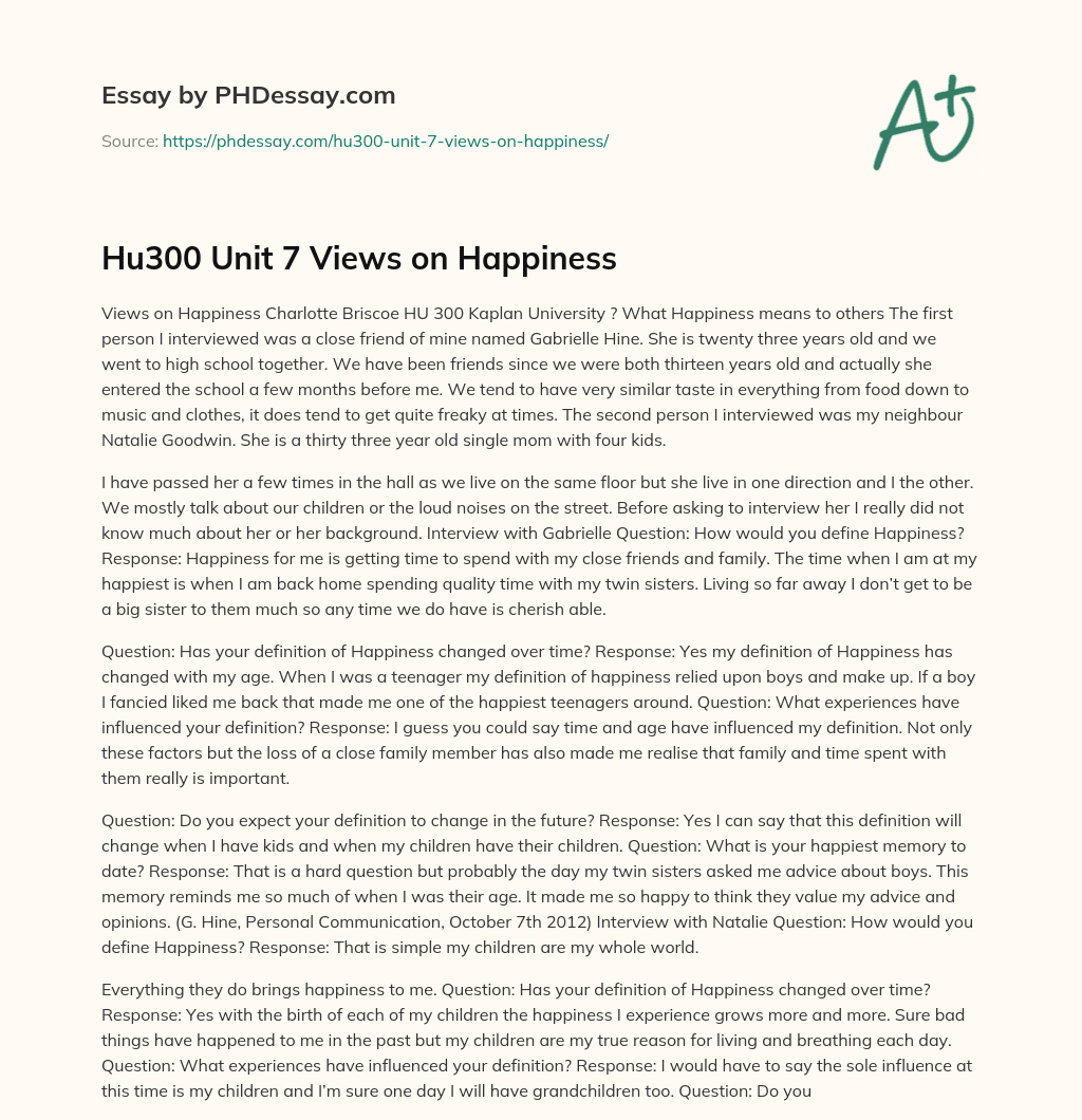 Hu300 Unit 7 Views on Happiness essay