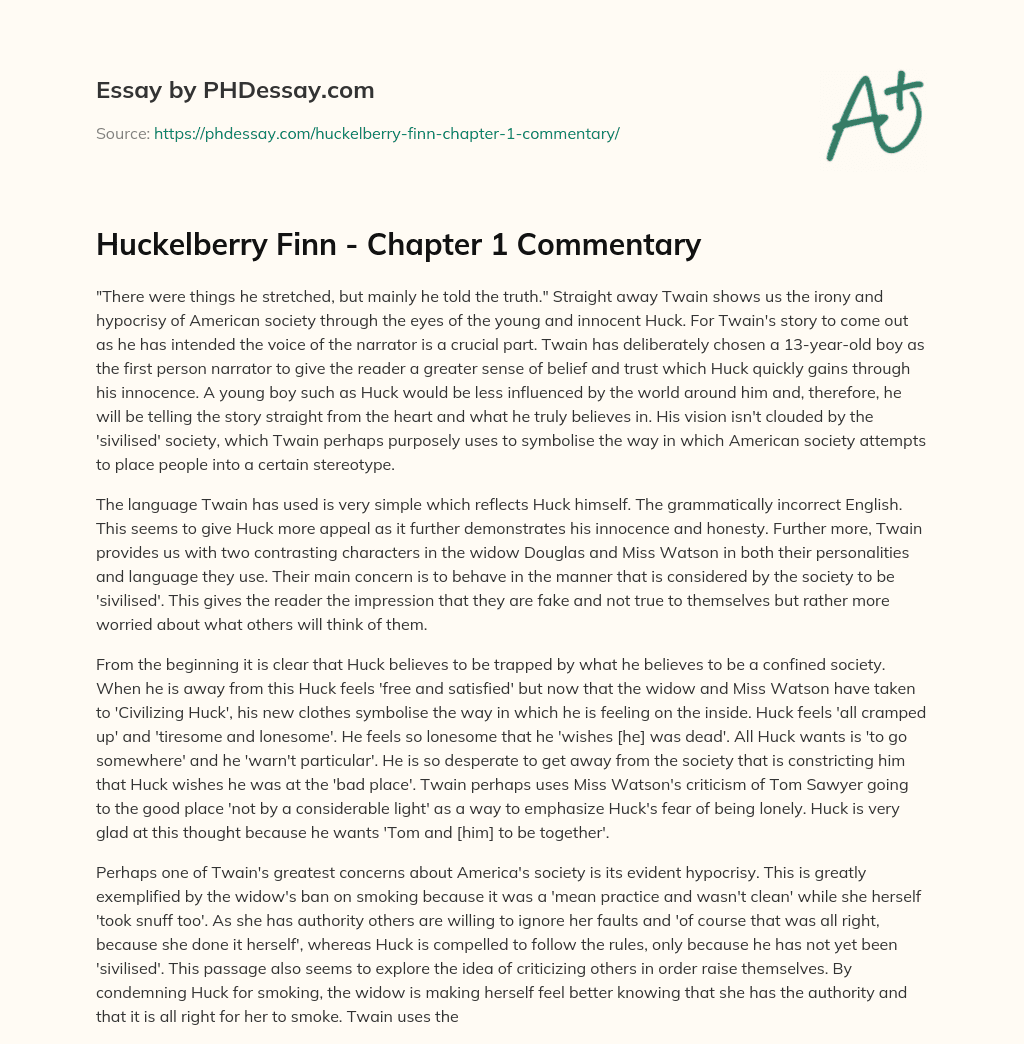 Huckelberry Finn – Chapter 1 Commentary essay