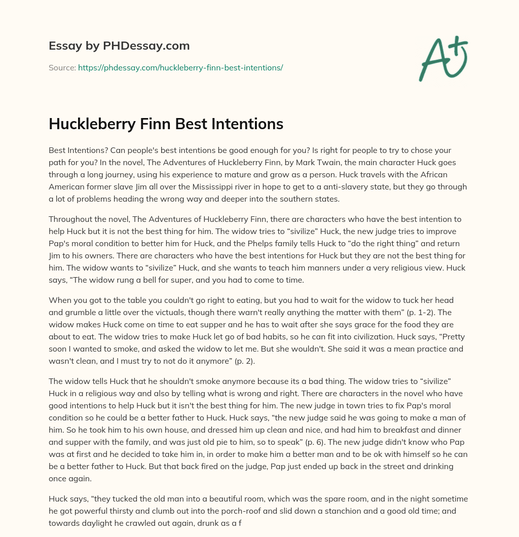 Huckleberry Finn Best Intentions essay