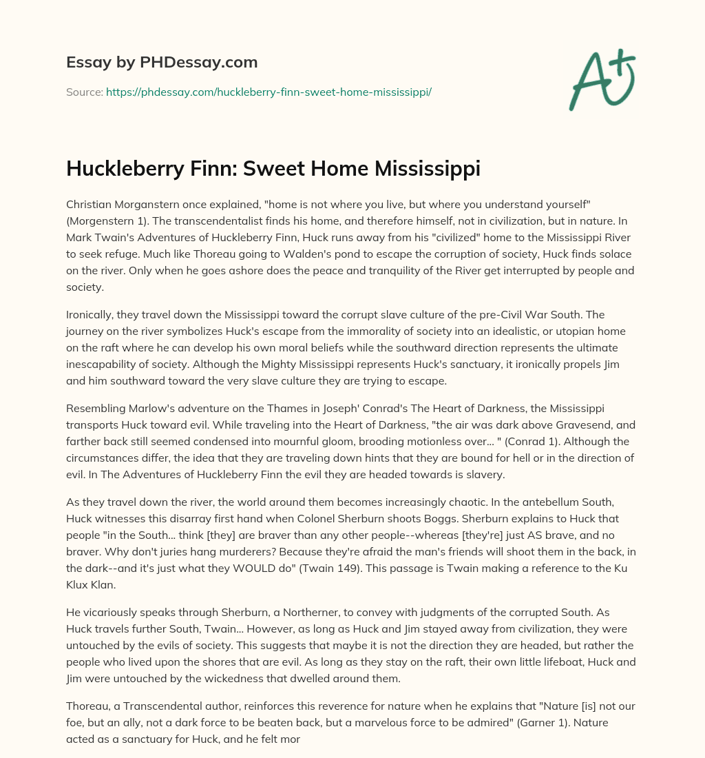 Huckleberry Finn: Sweet Home Mississippi essay