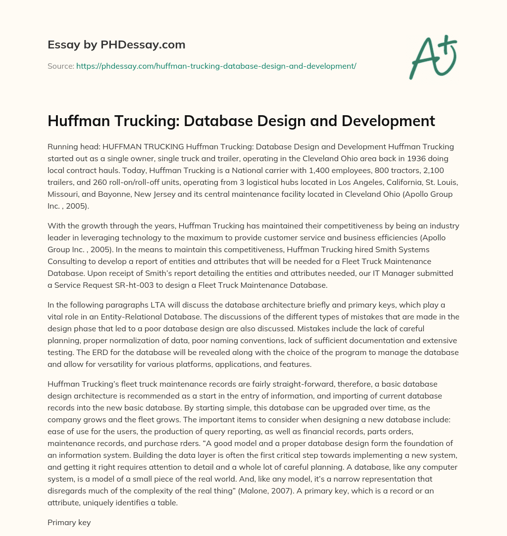 Huffman Trucking: Database Design and Development essay