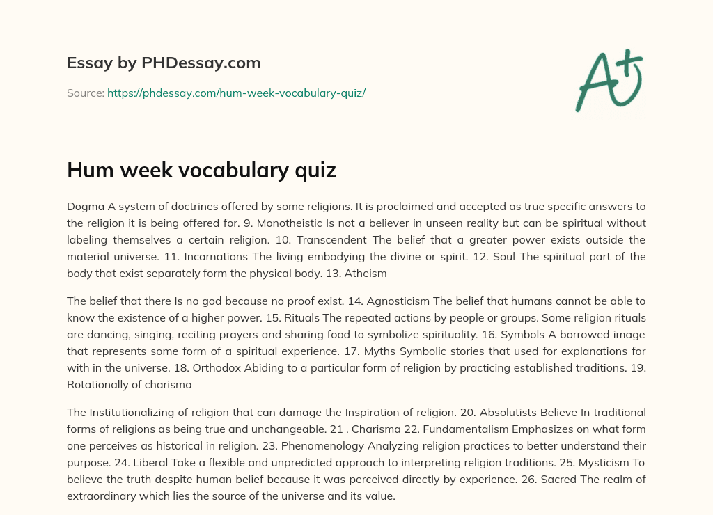Hum week vocabulary quiz essay