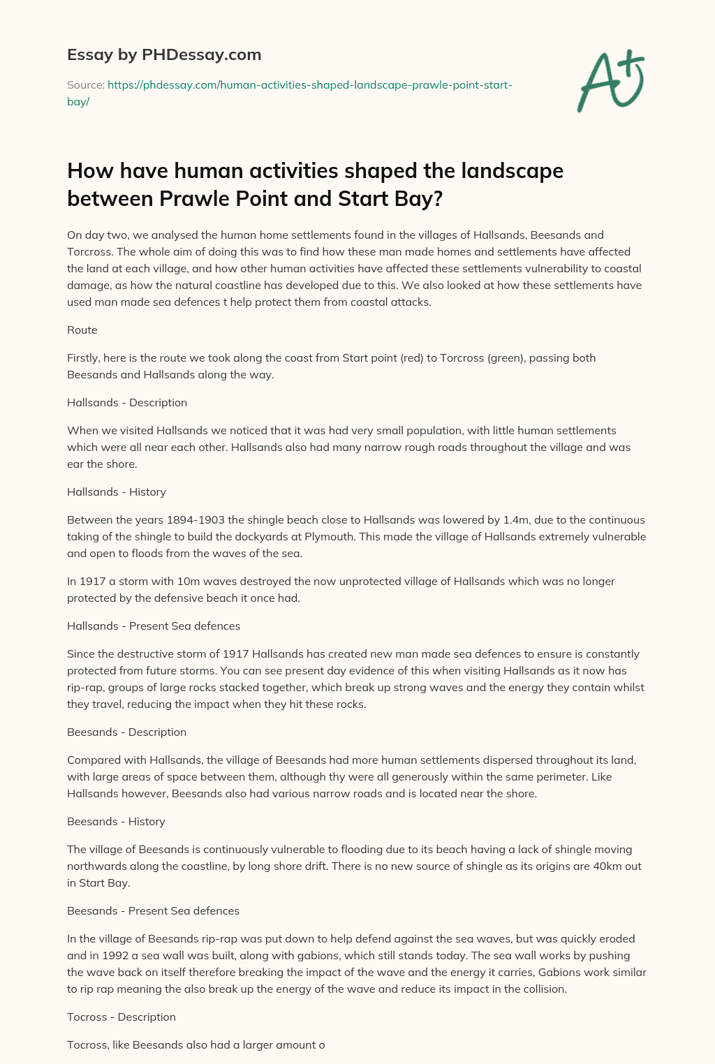 How have human activities shaped the landscape between Prawle Point and Start Bay? essay