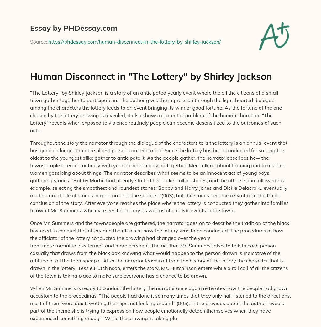 Human Disconnect in “The Lottery” by Shirley Jackson essay