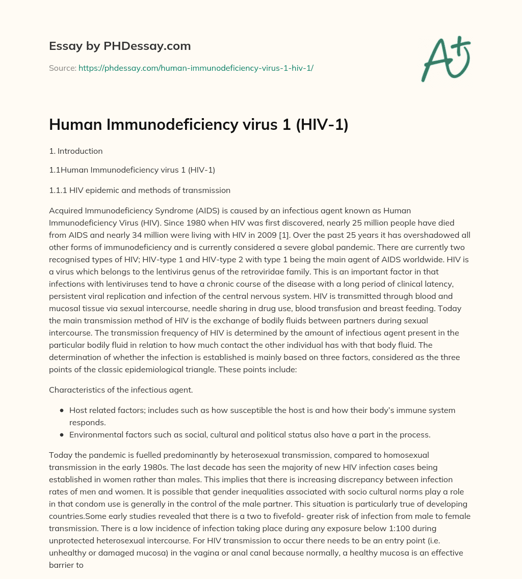 Human Immunodeficiency virus 1 (HIV-1) essay