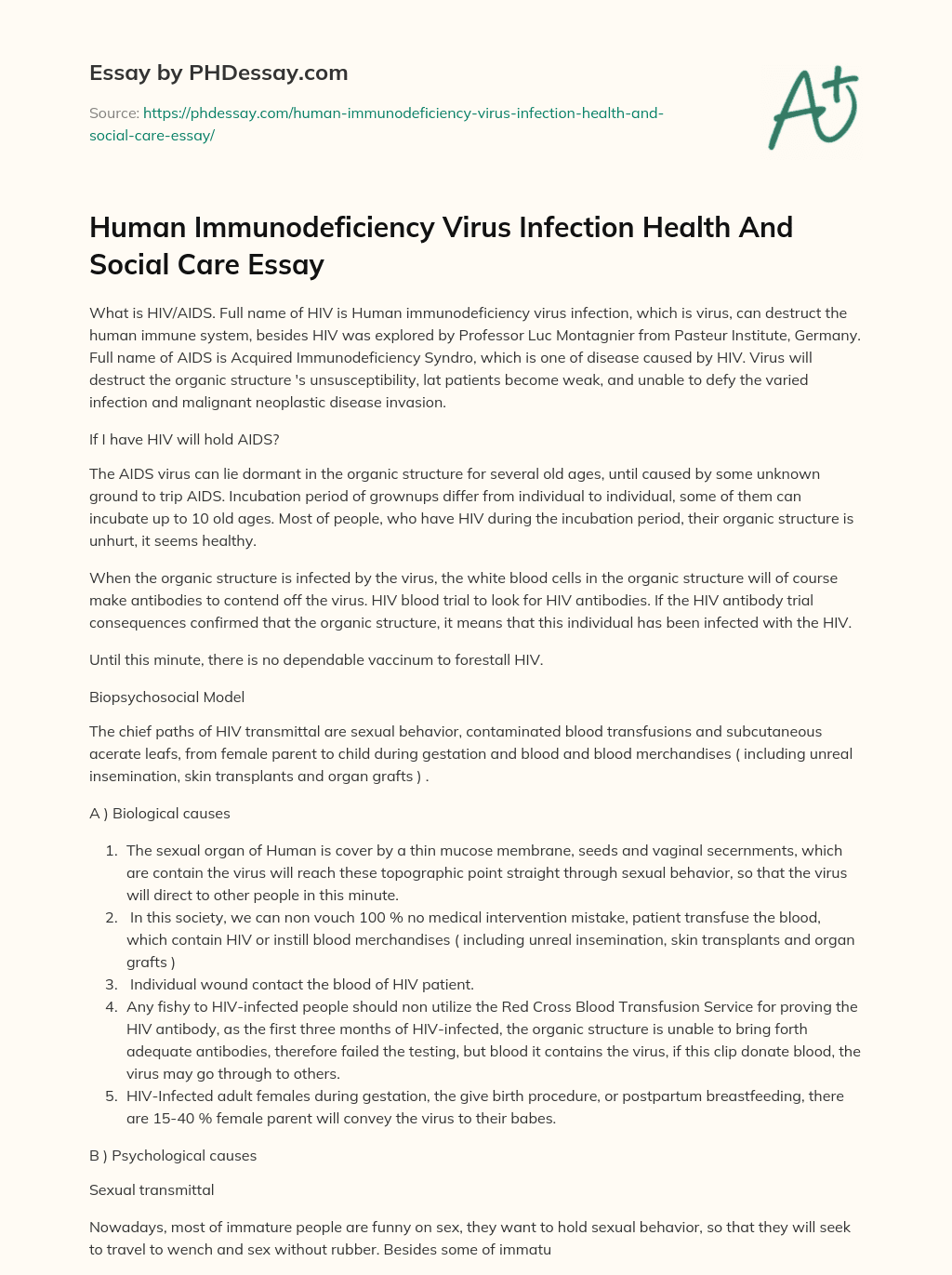 Human Immunodeficiency Virus Infection Health And Social Care Essay essay
