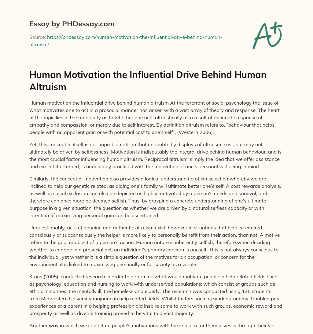 Human Motivation the Influential Drive Behind Human Altruism essay