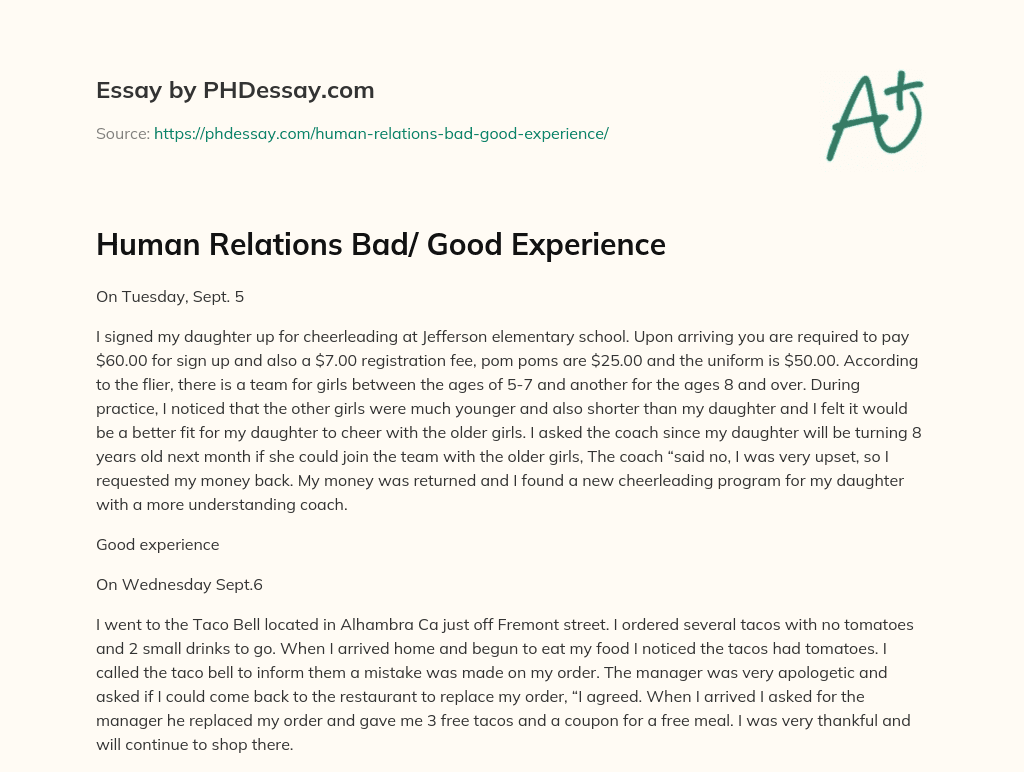 Human Relations Bad/ Good Experience essay