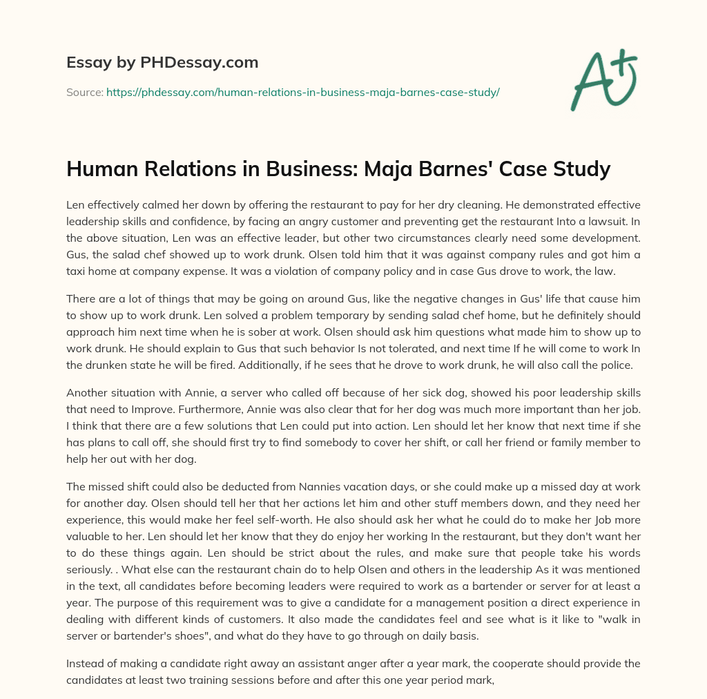 Human Relations in Business: Maja Barnes’ Case Study essay