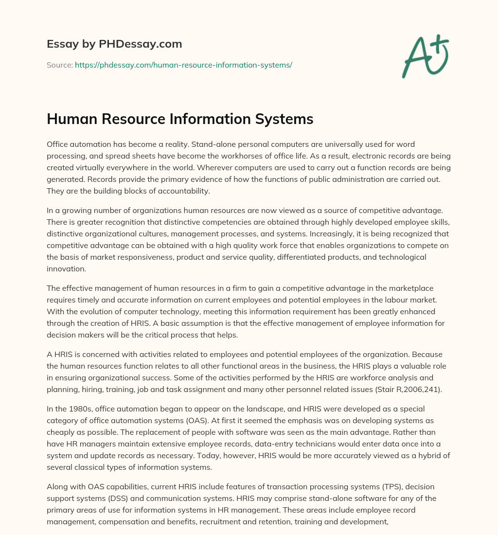 Human Resource Information Systems essay